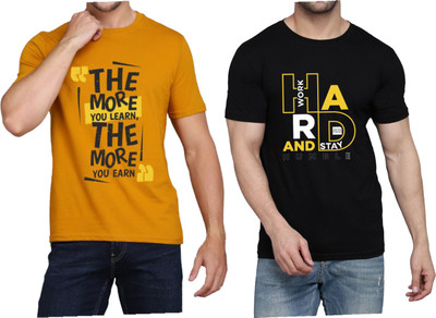 WOOSTRO Printed Men Round Neck Brown, Black T-Shirt
