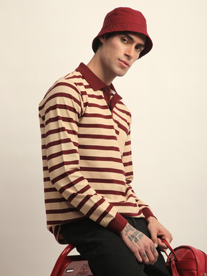 DILLINGER Striped Men Polo Neck Red, Beige T-Shirt