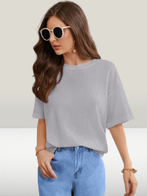 Blludart Self Design Women Round Neck Grey T-Shirt