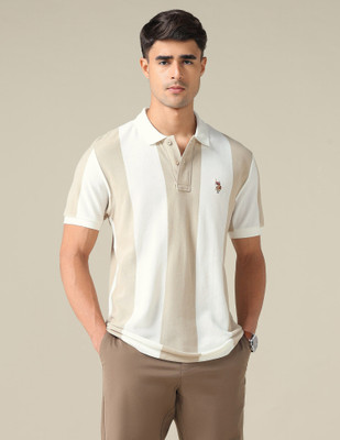 U.S. Polo Assn. Denim Co. Striped Men Polo Neck Beige, White T-Shirt