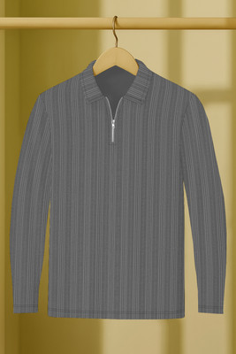 KAJARU Self Design Men Polo Neck Grey T-Shirt