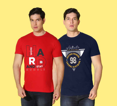 WOOSTRO Printed Men Round Neck Red, Blue T-Shirt