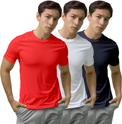 Fighterhero Solid, Sporty Men Round Neck Red, White, Navy Blue T-Shirt