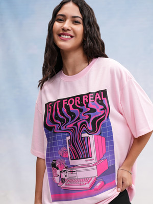 Tokyo Talkies Printed Women Round Neck Pink T-Shirt