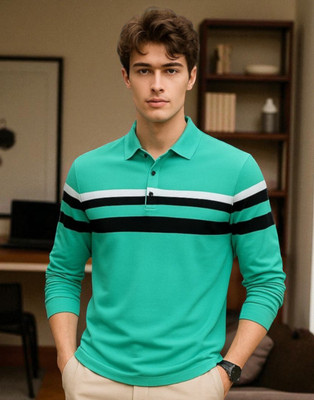 Teezler Striped Men Polo Neck Green T-Shirt