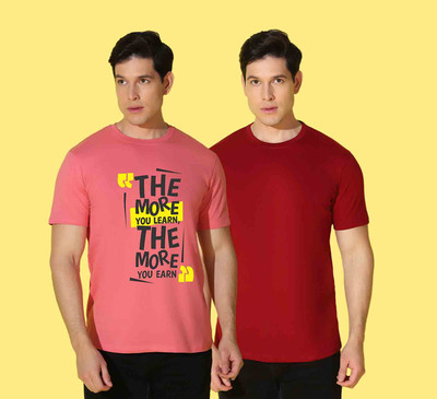 WOOSTRO Printed, Solid Men Crew Neck Pink, Red T-Shirt