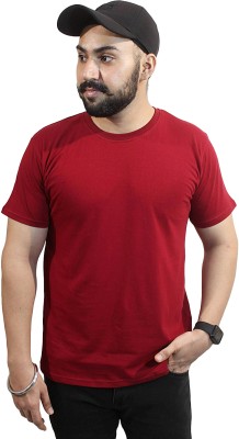 menena Solid Men Round Neck Maroon T-Shirt