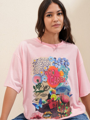 Tokyo Talkies Printed Women Round Neck Pink T-Shirt