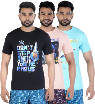 COLORS by Rupa Frontline Graphic Print Men Round Neck Black, Pink, Light Blue T-Shirt