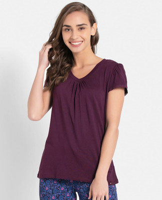 JOCKEY Solid Women Round Neck Maroon T-Shirt