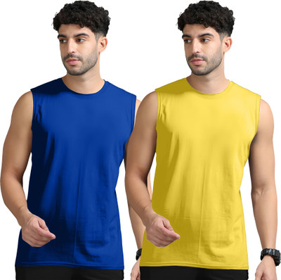 Jangoboy Solid Men Round Neck Dark Blue, Yellow T-Shirt