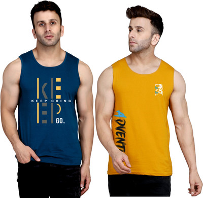SLOWLORIS Printed, Colorblock Men Round Neck Dark Blue, Brown T-Shirt