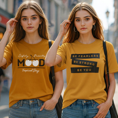 Fabflee Printed Women Round Neck Yellow T-Shirt