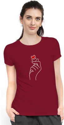 Stylimo Printed Women Round Neck Maroon T-Shirt