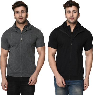 JB Jangoboy Self Design, Solid Men High Neck Black, Grey T-Shirt
