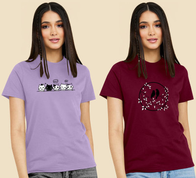 BelleBird Graphic Print Women Round Neck Purple, Maroon T-Shirt