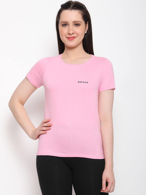OUTFLITS Solid Women Round Neck Pink T-Shirt