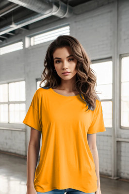 EZCLOTHING Solid Women Round Neck Yellow T-Shirt