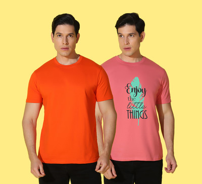 WOOSTRO Graphic Print, Solid Men Round Neck Orange, Pink T-Shirt