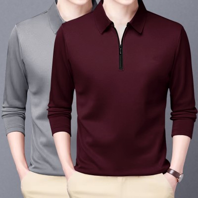 GARBLY Solid Men Polo Neck Grey, Maroon T-Shirt