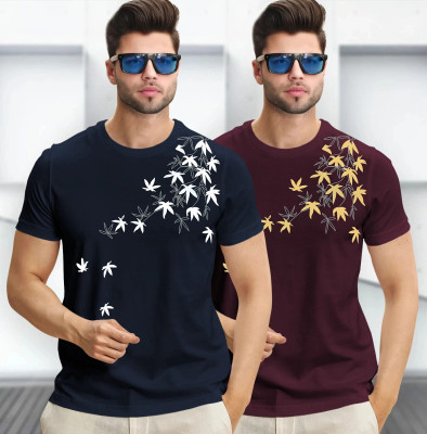 TRIPR Printed Men Round Neck Navy Blue, Maroon T-Shirt