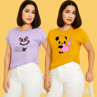 Kintu Parantu Printed Women Round Neck Purple, Yellow T-Shirt