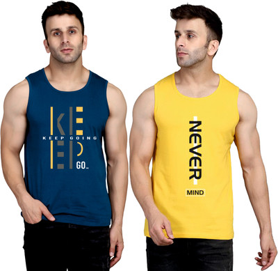 SLOWLORIS Printed Men Round Neck Dark Blue, Yellow T-Shirt