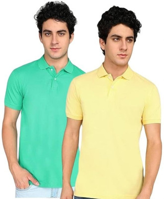 OLIVESQUARE Solid Men Polo Neck Light Green, Yellow T-Shirt