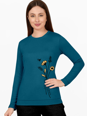 ClonCline Printed Women Round Neck Reversible Blue T-Shirt