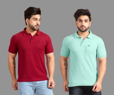 addiz Solid Men Polo Neck Maroon, Light Green T-Shirt