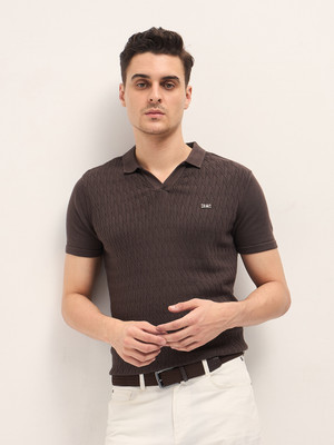 THE BEAR HOUSE Self Design Men Polo Neck Brown T-Shirt
