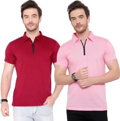 JB Jangoboy Solid Men Polo Neck Maroon, Pink T-Shirt