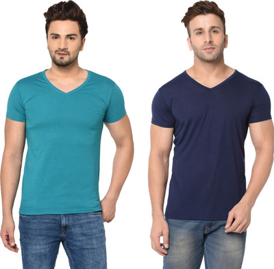 Tresna Fab Solid Men V Neck Blue, Green T-Shirt