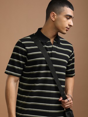 HIGHLANDER Striped Men Polo Neck Black T-Shirt