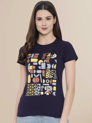SZN Solid Women Round Neck Navy Blue T-Shirt