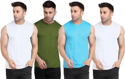 Think Tech Solid Men Round Neck White, Dark Green, Light Blue T-Shirt