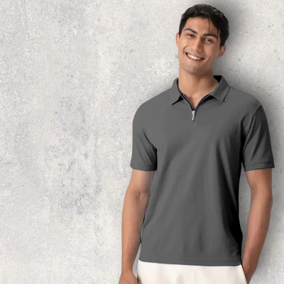 INDICLUB Solid Men Polo Neck Grey T-Shirt