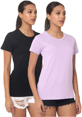 Figurefab Self Design Women Round Neck Black, Purple T-Shirt