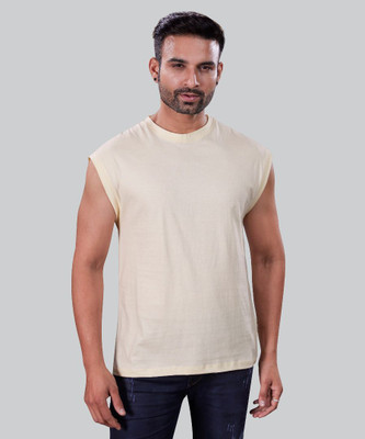 I&D Solid Men Round Neck Beige T-Shirt