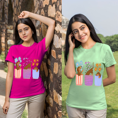 Lecowar Printed Women Round Neck Pink, Green T-Shirt