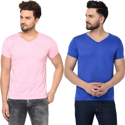 Tresna Trendy Solid Men V Neck Pink, Blue T-Shirt
