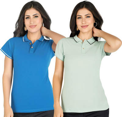 SHAUN Solid Women Polo Neck Multicolor T-Shirt