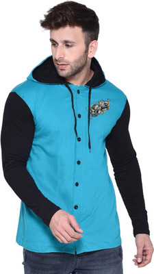Money Leaf Printed Men Hooded Neck Black, Light Blue T-Shirt