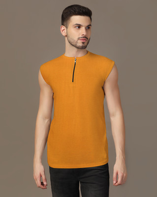 tfurnish Solid Men Zip Neck Gold T-Shirt
