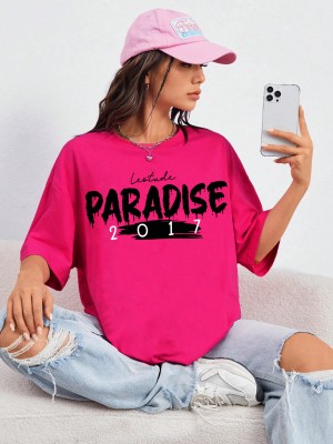 Leotude Printed Women Round Neck Pink T-Shirt
