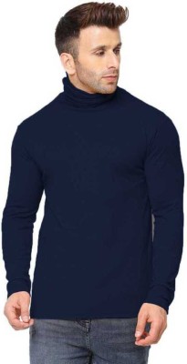 GLAMPANDA Solid Men High Neck Navy Blue T-Shirt