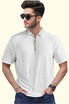 TELOXY Striped Men Zip Neck White T-Shirt