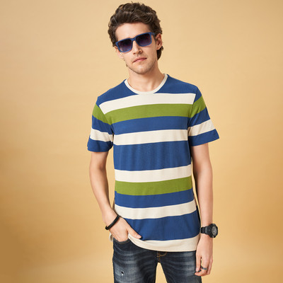 SF Jeans by Pantaloons Striped Men Round Neck Blue T-Shirt