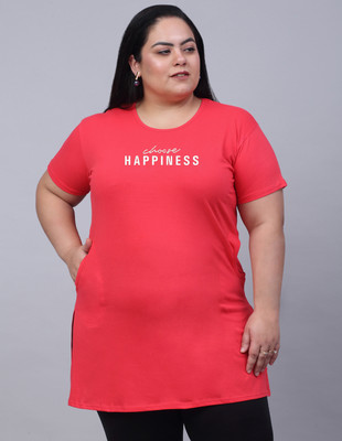 Trend Level Typography Women Round Neck Pink T-Shirt