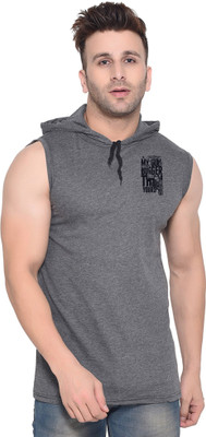 BEYOU FASHION Graphic Print Men Hooded Neck Grey T-Shirt